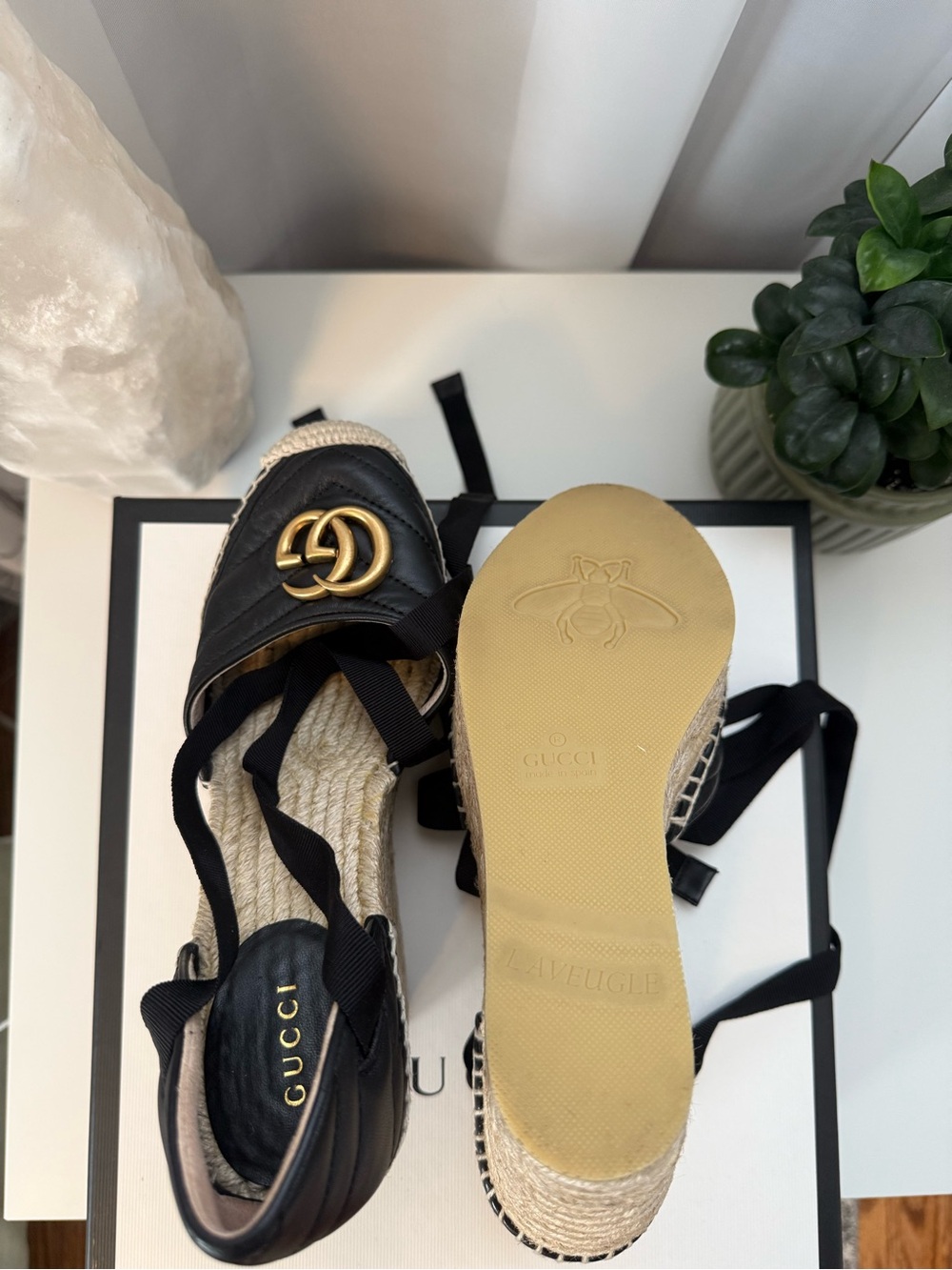 Gucci Black Leather Espadrille Wedge Sandals with Gold Double G - Picture 4 of 9